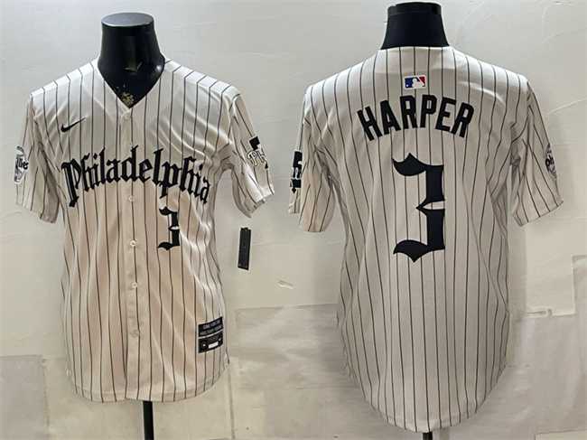 Mens Philadelphia Phillies #3 Bryce Harper Cream Pinstripe Gothic Vapor Limited Stitched Jersey