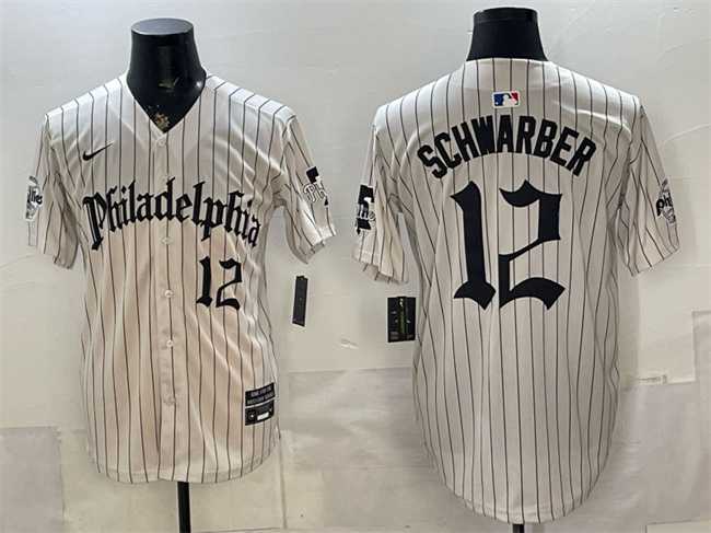 Mens Philadelphia Phillies #12 Kyle Schwarber Cream Pinstripe Gothic Vapor Limited Stitched Jersey