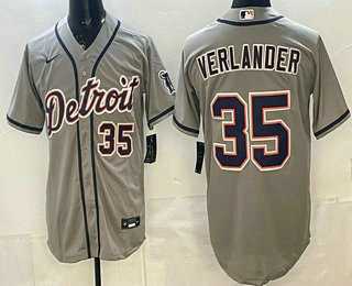 Mens Detroit Tigers #35 Justin Verlander Grey Number Cool Base Jersey