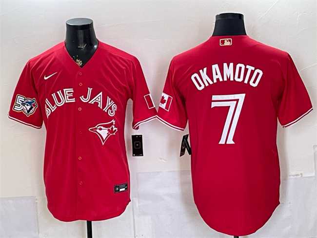 Mens Toronto Blue Jays #7 Kazuma Okamoto Red 50 Seasons Patch Stitched Jersey