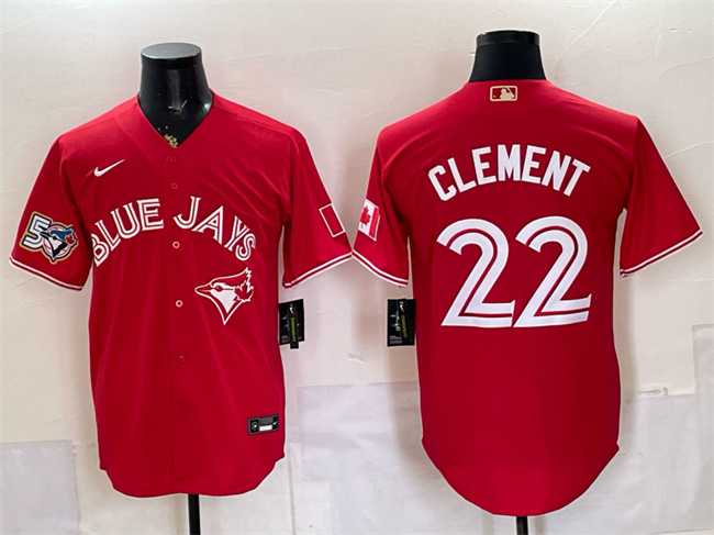 Mens Toronto Blue Jays #22 Ernie Clement Red 50 Seasons Patch Stitched Jersey
