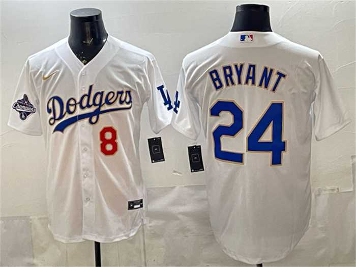 Mens Los Angeles Dodgers Front #8 Back #24 Kobe Bryant White Gold With 2025 World Series Champions Patch Stitched Jersey