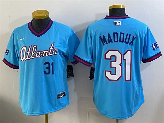Womens Atlanta Braves #31 Greg Maddux Powder Blue 2026 City Connect Stadium Stitched Jersey