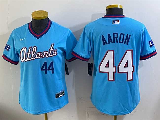Womens Atlanta Braves #44 Hank Aaron Powder Blue 2026 City Connect Stadium Stitched Jersey
