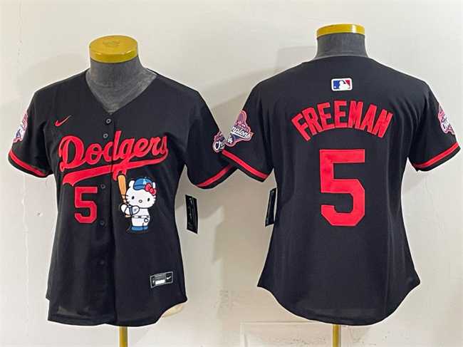 Womens Los Angeles Dodgers #5 Freddie Freeman Black Hello Kitty Night 2025 World Series Champions Patch Stitched Jersey Dzhi