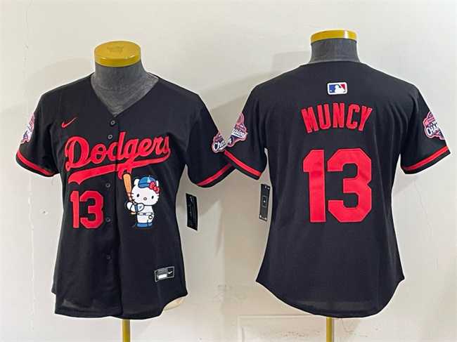 Womens Los Angeles Dodgers #13 Max Muncy Black Hello Kitty Night 2025 World Series Champions Patch Stitched Jersey Dzhi