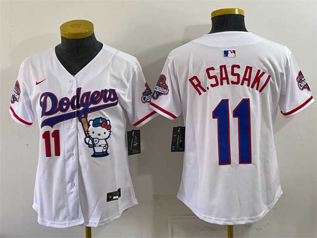 Womens Los Angeles Dodgers #11 Roki Sasaki White Hello Kitty Night 2025 World Series Champions Patch Stitched Jersey Dzhi