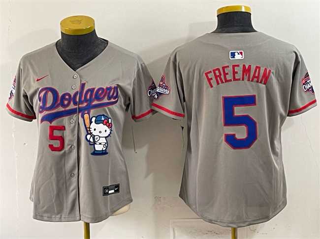 Womens Los Angeles Dodgers #5 Freddie Freeman Grey Hello Kitty Night 2025 World Series Champions Patch Stitched Jersey Dzhi
