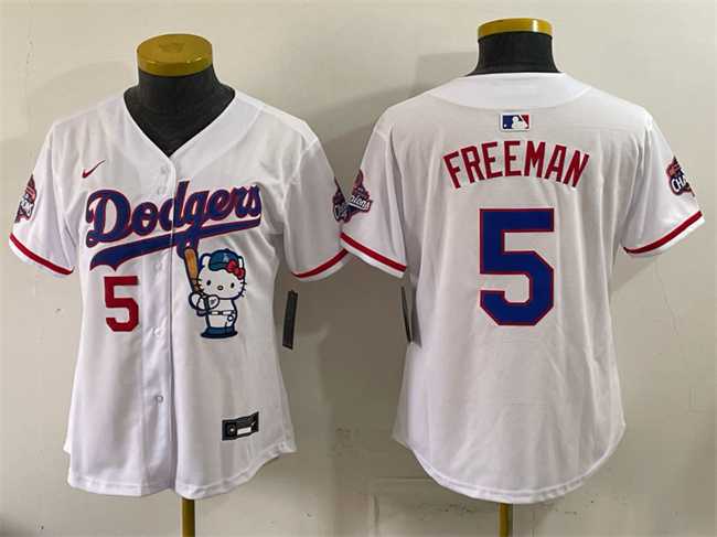 Womens Los Angeles Dodgers #5 Freddie Freeman White Hello Kitty Night 2025 World Series Champions Patch Stitched Jersey Dzhi