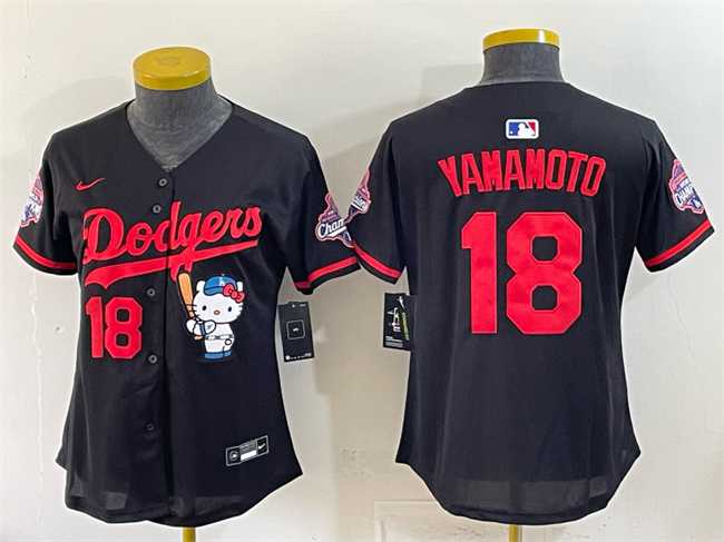 Womens Los Angeles Dodgers #18 Yoshinobu Yamamoto Black Hello Kitty Night 2025 World Series Champions Patch Stitched Jersey Dzhi