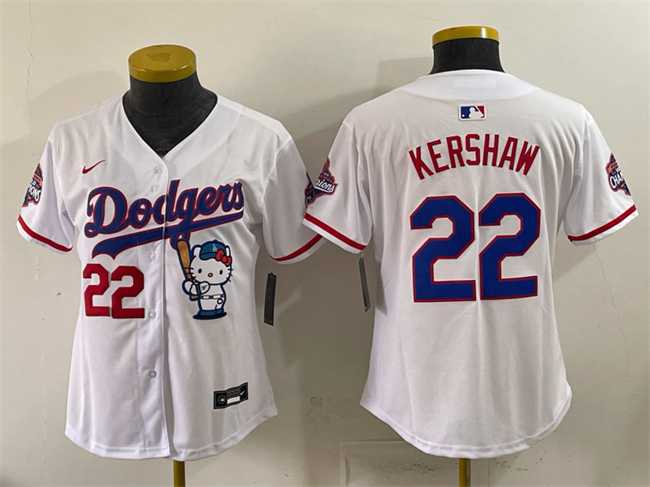 Womens Los Angeles Dodgers #22 Clayton Kershaw White Hello Kitty Night 2025 World Series Champions Patch Stitched Jersey Dzhi