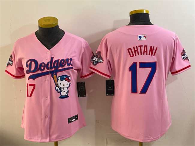 Womens Los Angeles Dodgers #17 Shohei Ohtani Pink Hello Kitty Night 2025 World Series Champions Patch Stitched Jersey Dzhi