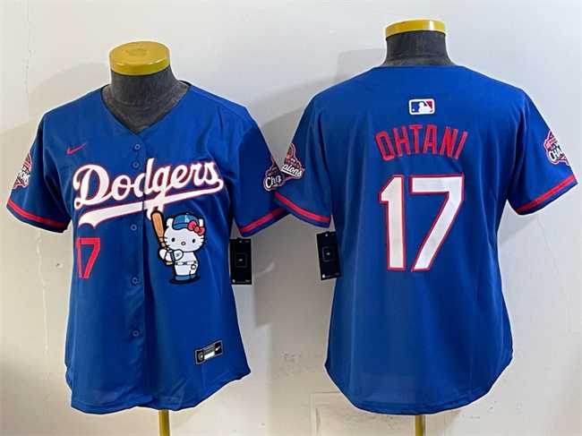 Womens Los Angeles Dodgers #17 Shohei Ohtani Royal Hello Kitty Night 2025 World Series Champions Patch Stitched Jersey Dzhi