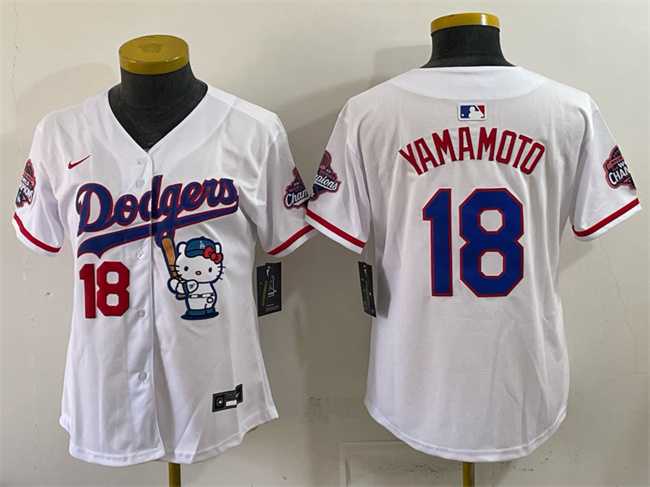 Womens Los Angeles Dodgers #18 Yoshinobu Yamamoto White Hello Kitty Night 2025 World Series Champions Patch Stitched Jersey Dzhi