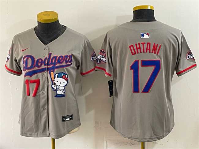 Womens Los Angeles Dodgers #17 Shohei Ohtani Grey Hello Kitty Night 2025 World Series Champions Patch Stitched Jersey Dzhi