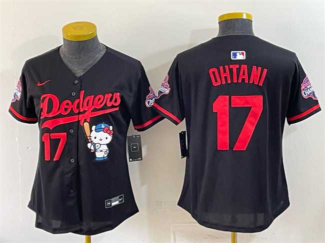 Womens Los Angeles Dodgers #17 Shohei Ohtani Black Hello Kitty Night 2025 World Series Champions Patch Stitched Jersey Dzhi