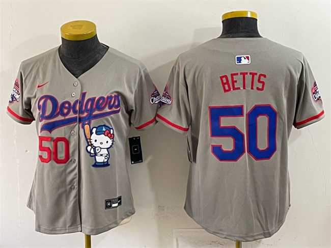 Womens Los Angeles Dodgers #50 Mookie Betts Grey Hello Kitty Night 2025 World Series Champions Patch Stitched Jersey Dzhi