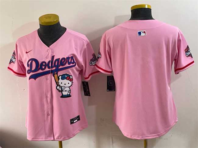 Womens Los Angeles Dodgers Blank Pink Hello Kitty Night 2025 World Series Champions Patch Stitched Jersey Dzhi