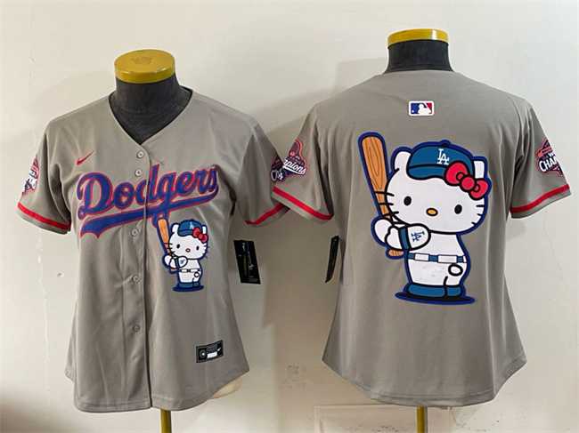 Womens Los Angeles Dodgers Team Big Logo Grey Hello Kitty Night 2025 World Series Champions Patch Stitched Jersey Dzhi