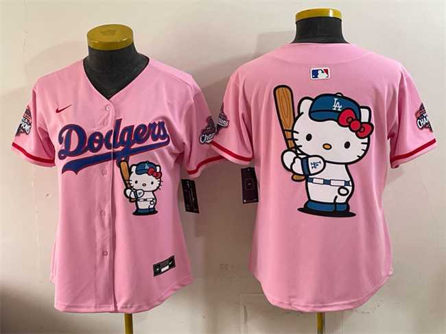 Womens Los Angeles Dodgers Team Big Logo Pink Hello Kitty Night 2025 World Series Champions Patch Stitched Jersey Dzhi