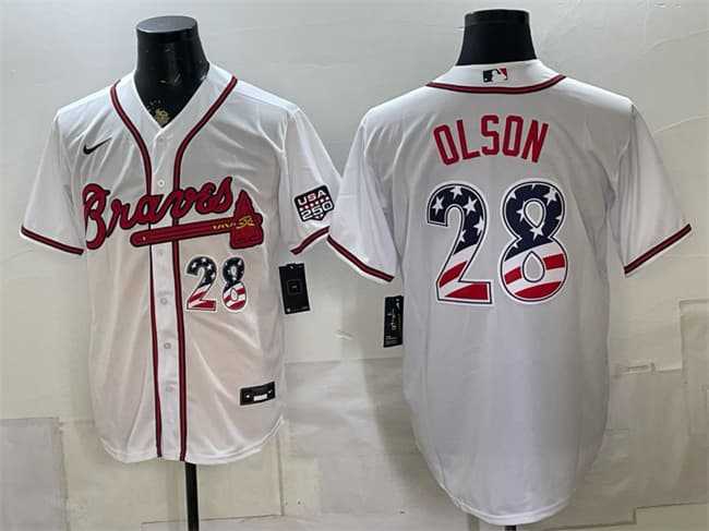 Mens Atlanta Braves #28 Matt Olson White USA 250 Fourth of July Home Stadium Stitched Jersey Dzhi