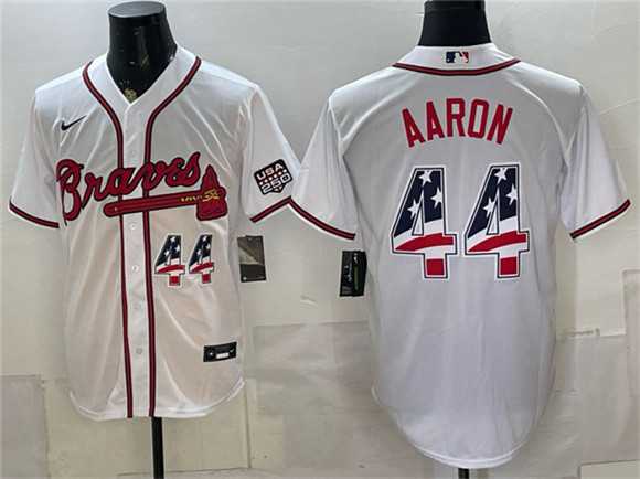 Mens Atlanta Braves #44 Hank Aaron White USA 250 Fourth of July Home Stadium Stitched Jersey Dzhi