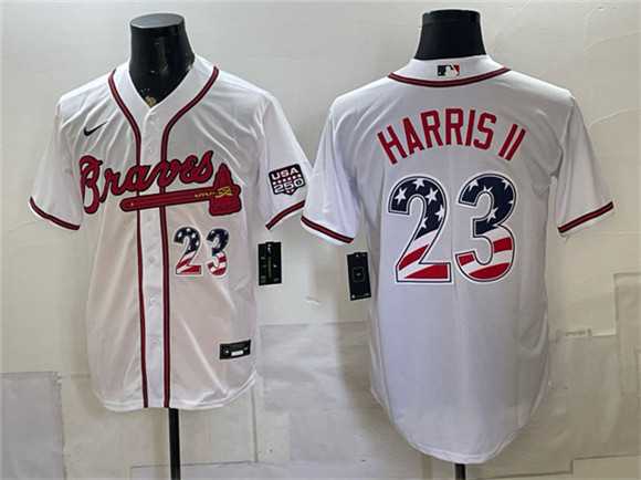 Mens Atlanta Braves #23 Michael Harris II White USA 250 Fourth of July Home Stadium Stitched Jersey Dzhi