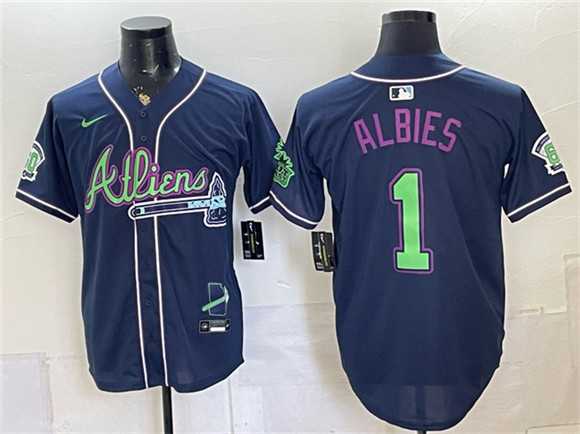 Mens Atlanta Braves #1 Ozzie Albies Navy Galaxy With Outkast Patch Vapor Limited Stitched Jersey Dzhi