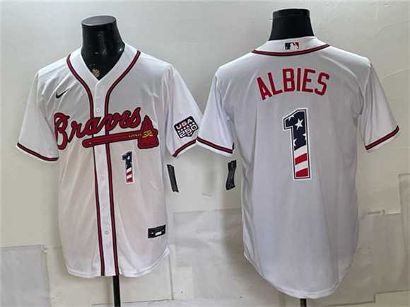 Mens Atlanta Braves #1 Ozzie Albies White USA 250 Fourth of July Home Stadium Stitched Jersey Dzhi