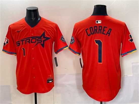 Mens Houston Astros #1 Carlos Correa Orange 2025 City Connect With Texas Patch Limited Stitched Jersey