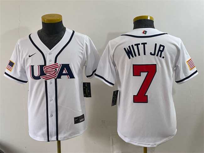 Youth USA Baseball #7 Bobby Witt Jr. White 2026 World Baseball Classic Home Stadium Stitched Jersey