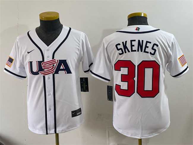 Youth USA Baseball #30 Paul Skenes White 2026 World Baseball Classic Home Stadium Stitched Jersey