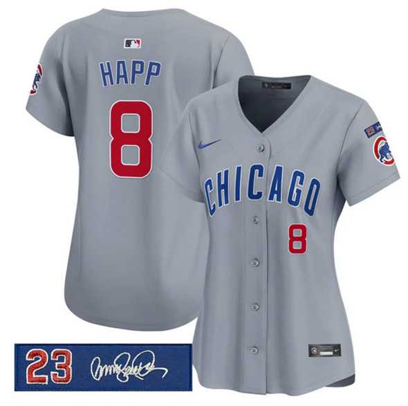 Womens Chicago Cubs #8 lan Happ Gray Ryne Sandberg Tribute Vapor Limited V3 Stitched Jersey Dzhi