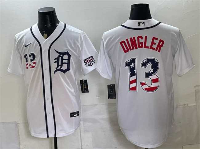 Mens Detroit Tigers #13 Dillon Dingler White 2026 USA 250 Fourth of July Stitched Jersey Dzhi