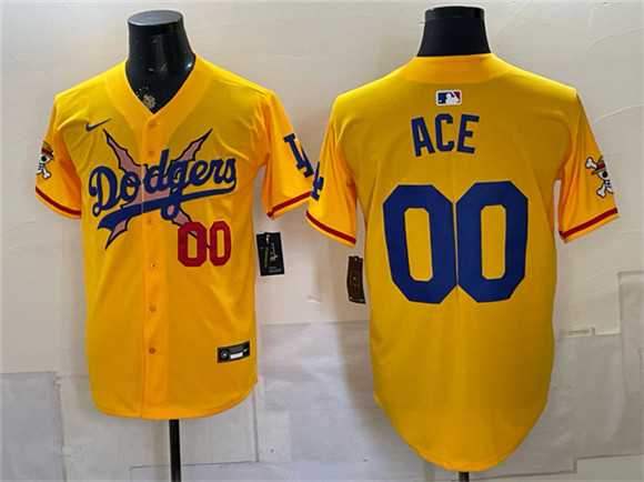 Mens Los Angeles Dodgers x One Piece #00 Ace Yellow Vapor Premier Limited Stitched Jersey Dzhi