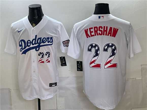 Mens Los Angeles Dodgers #22 Clayton Kershaw White USA 250 Fourth of July Home Stitched Jersey Dzhi