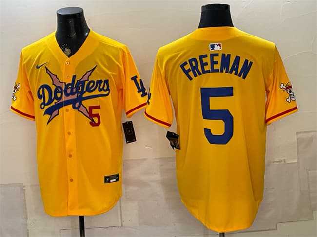 Mens Los Angeles Dodgers x One Piece #5 Freddie Freeman Yellow Vapor Premier Limited Stitched Jersey Dzhi