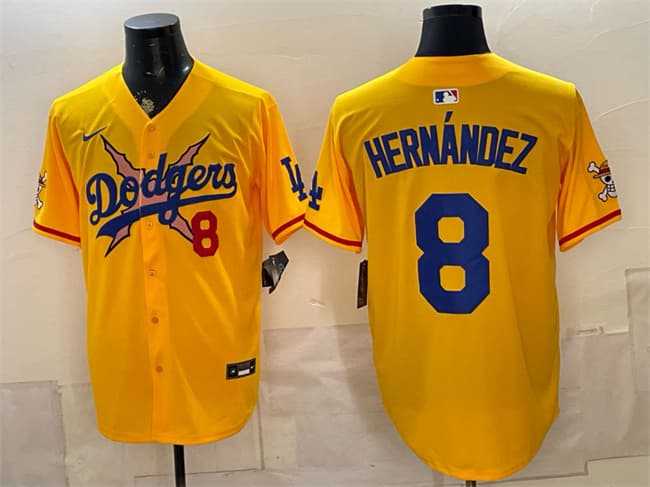 Mens Los Angeles Dodgers x One Piece #8 Enrique Hernandez Yellow Vapor Premier Limited Stitched Jersey Dzhi