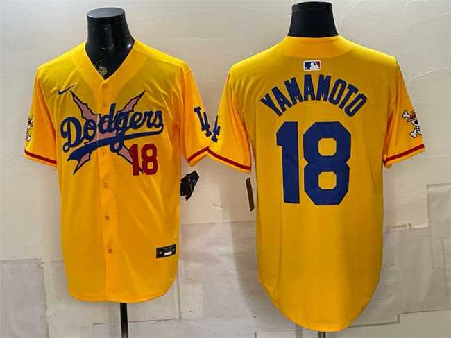Mens Los Angeles Dodgers x One Piece #18 Yoshinobu Yamamoto Yellow Vapor Premier Limited Stitched Jersey Dzhi