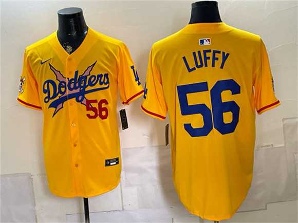 Mens Los Angeles Dodgers x One Piece #56 Luffy Yellow Vapor Premier Limited Stitched Jersey Dzhi