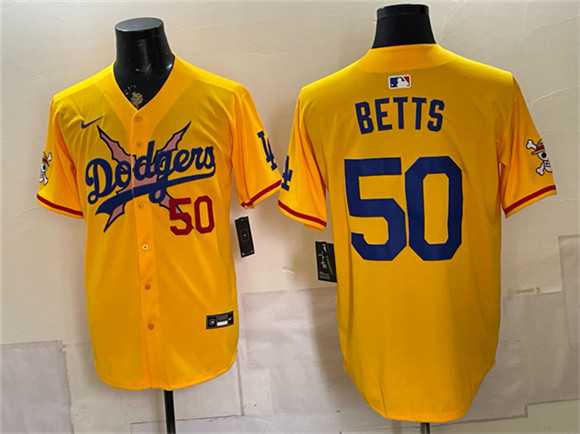 Mens Los Angeles Dodgers x One Piece #50 Mookie Betts Yellow Vapor Premier Limited Stitched Jersey Dzhi