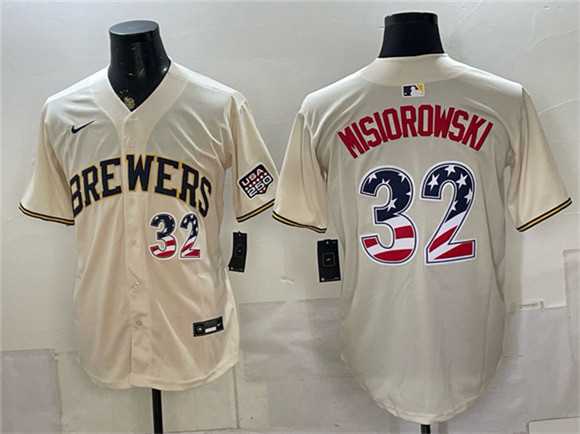 Mens Milwaukee Brewers #32 Jacob Misiorowski Cream 2026 USA 250 Fourth of July Home Stadium Stitched Jersey Dzhi