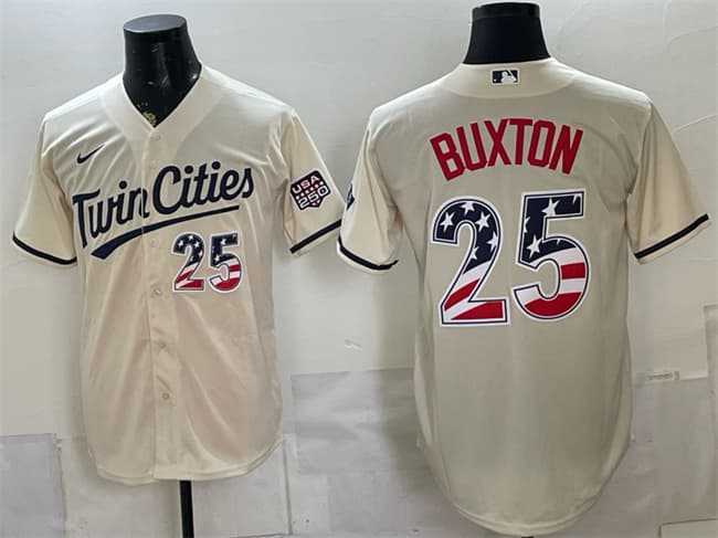 Mens Minnesota Twins #25 Byron Buxton Cream 2026 USA 250 Fourth of July Stitched Jersey Dzhi