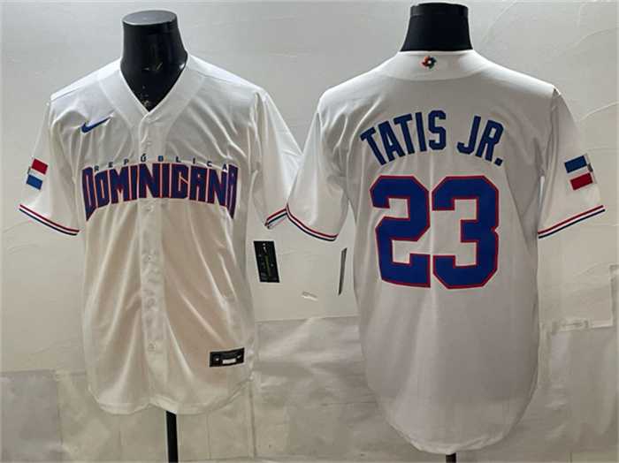Mens Dominican Republic Baseball #23 Fernando Tatis Jr. White World Baseball Classic Stitched Jersey