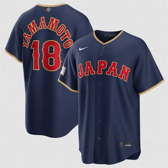 Mens Japan Baseball #18 Yoshinobu Yamamoto Navy 2026 World Baseball Classic Road Stadium Stitched Jersey