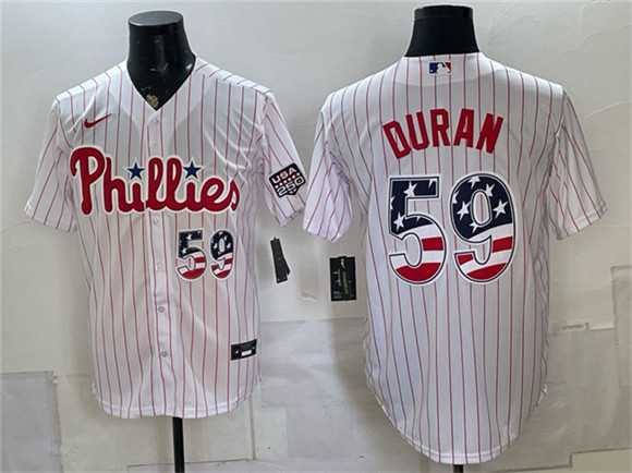 Mens Philadelphia Phillies #59 Jhoan Duran White USA 250 Fourth of July Home Stitched Jersey Dzhi