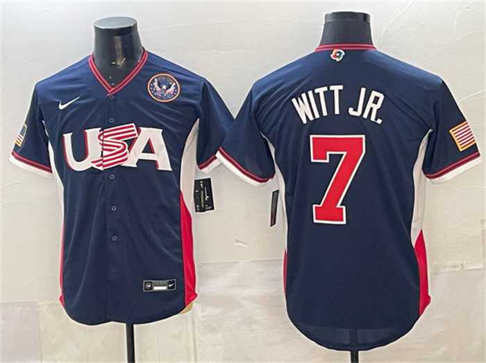 Mens USA Baseball #7 Bobby Witt Jr. Navy 2026 World Baseball Classic United States 250th Anniversary Patch Road Stadium Stitched Jersey