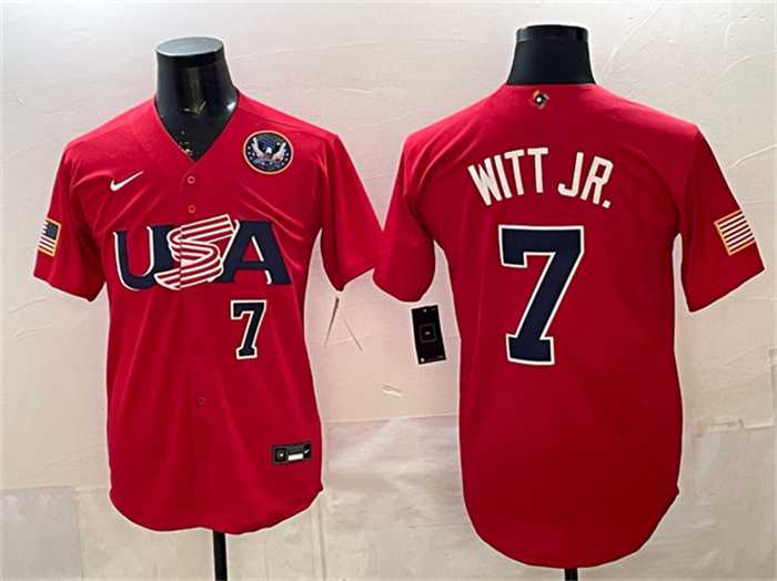 Mens USA Baseball #7 Bobby Witt Jr. Red 2026 World Baseball Classic United States 250th Anniversary Patch Stadium Stitched Jersey