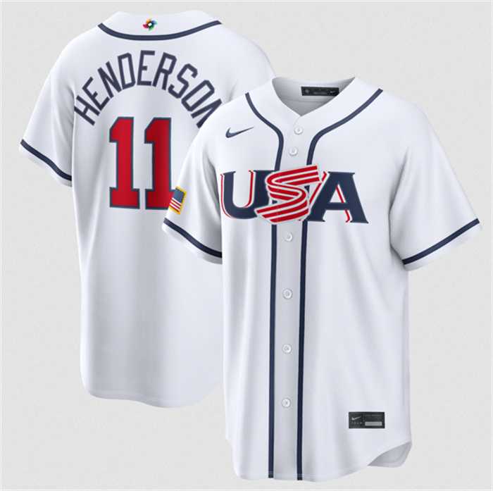 Mens USA Baseball #11 Gunnar Henderson White 2026 World Baseball Classic Home Stadium Stitched Jersey