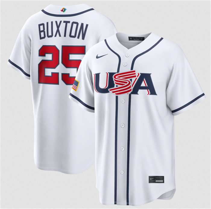 Mens USA Baseball #25 Byron Buxton White 2026 World Baseball Classic Home Stadium Stitched Jersey